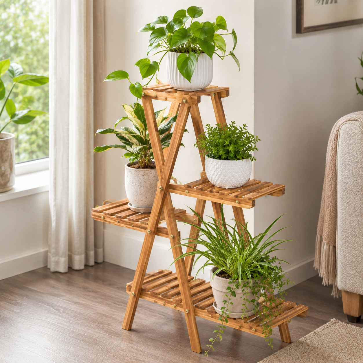 Foldable wooden plant stand with potted plants in bright home interior - image 3