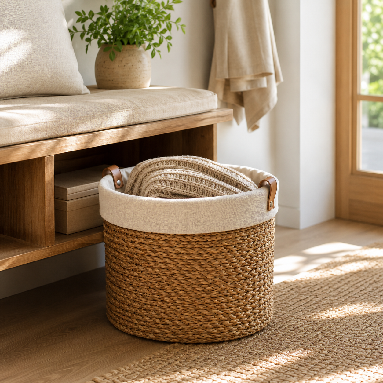 Natural woven storage basket with blanket in warm modern home interior - image 3