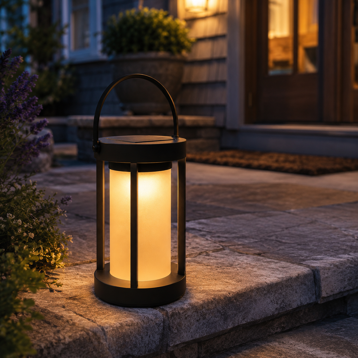 Portable black solar patio lantern glowing on outdoor terrace at night - image 3