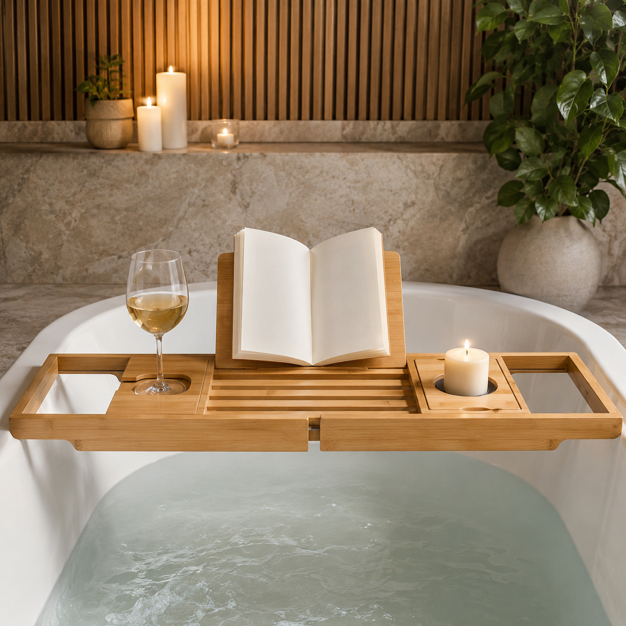 Bamboo bath caddy tray on bathtub with candle book and drink in luxury bathroom - image 1