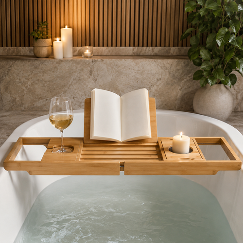 Bamboo bath caddy tray on bathtub with candle book and drink in luxury bathroom - image 1