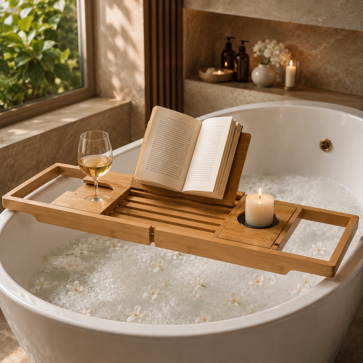 Bamboo bath caddy tray on bathtub with candle book and drink in luxury bathroom - image 2