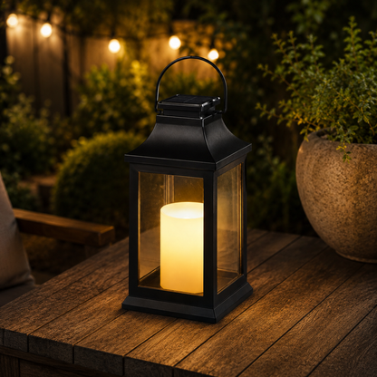 Black solar lantern outdoor light glowing in garden patio at night - image 3