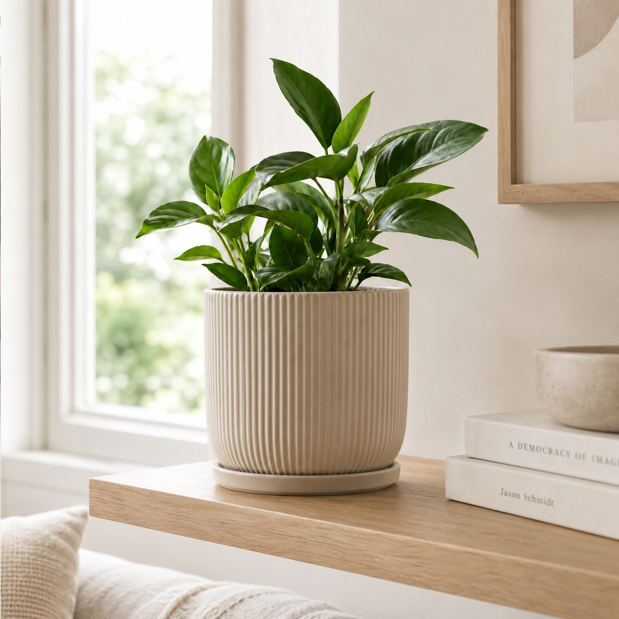 Cream ribbed ceramic indoor planter with green plant in modern home interior - image 2