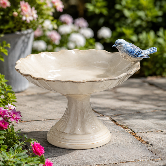 Decorative ceramic bird feeder garden bowl with blue bird detail on outdoor patio - image 1