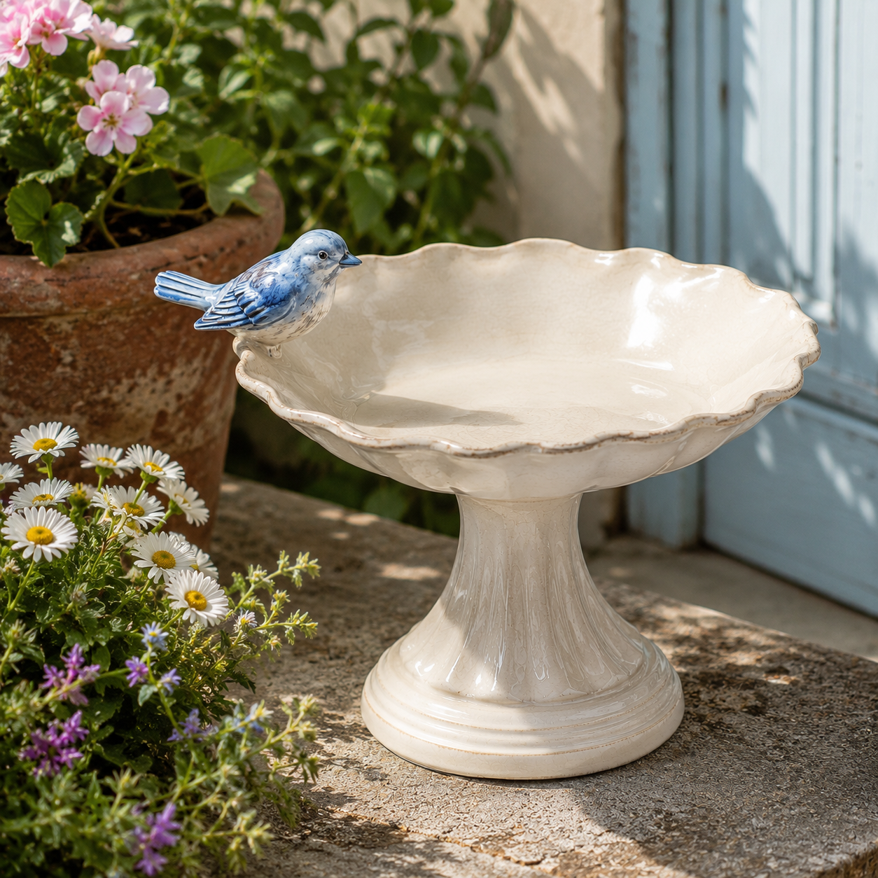 Decorative ceramic bird feeder garden bowl with blue bird detail on outdoor patio - image 2