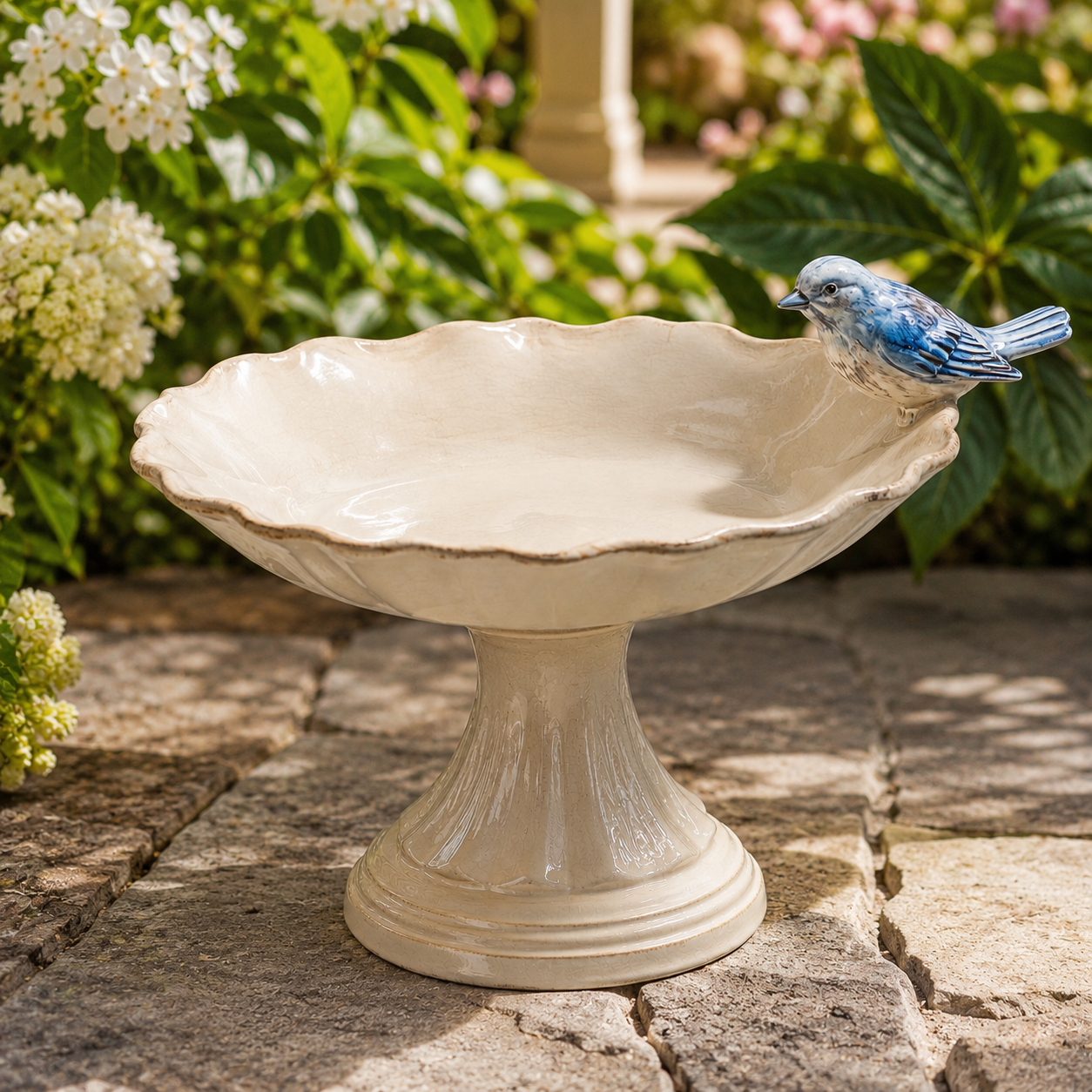 Decorative ceramic bird feeder garden bowl with blue bird detail on outdoor patio - image 3