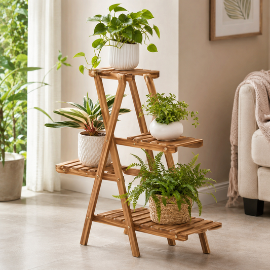 Foldable wooden plant stand with potted plants in bright home interior - image 1