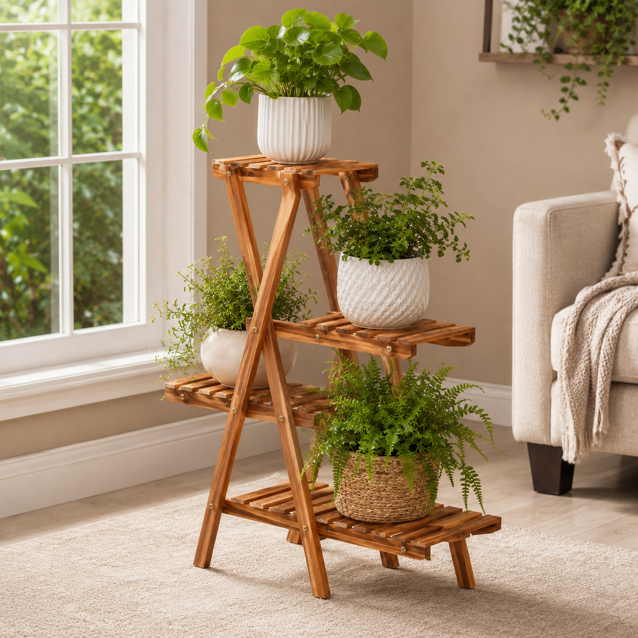 Foldable wooden plant stand with potted plants in bright home interior - image 2