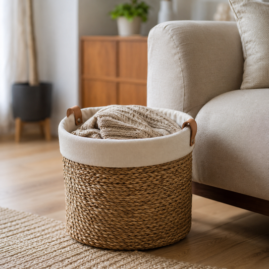 Natural woven storage basket with blanket in warm modern home interior - image 1