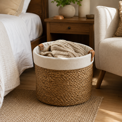Natural woven storage basket with blanket in warm modern home interior - image 2
