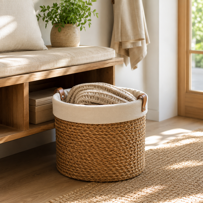 Natural woven storage basket with blanket in warm modern home interior - image 3