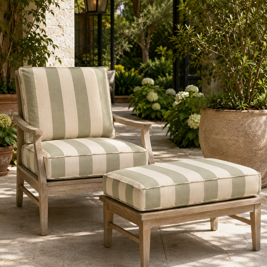 Outdoor garden cushion set on patio lounge chair with sage stripe design - image 1
