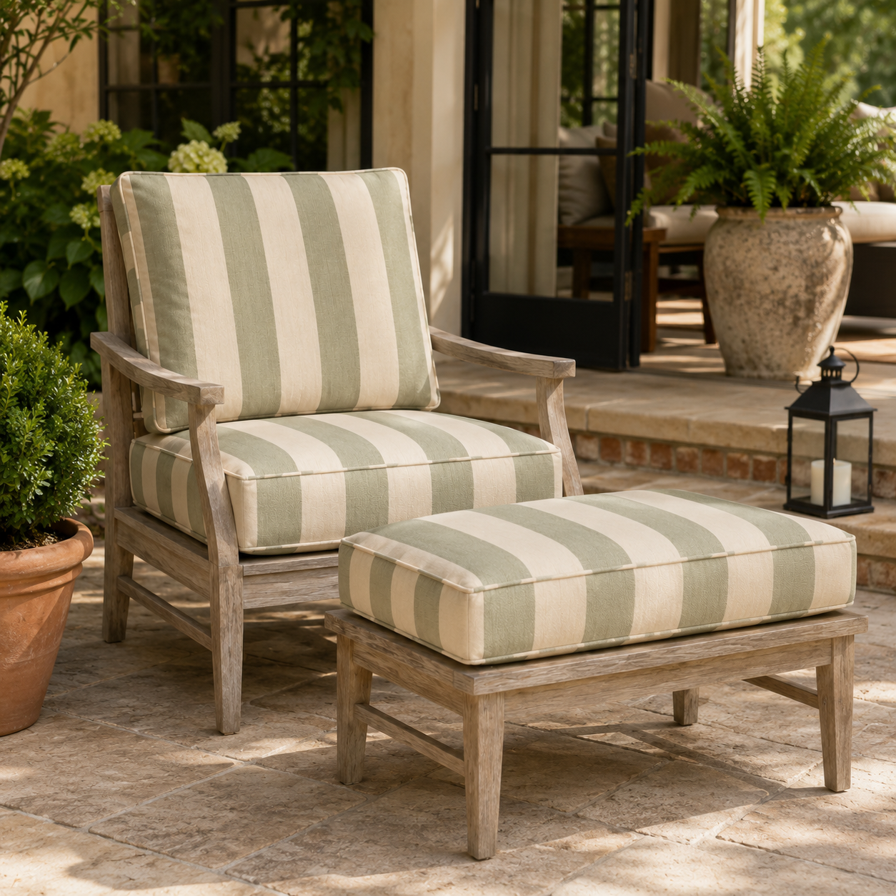 Outdoor garden cushion set on patio lounge chair with sage stripe design - image 2