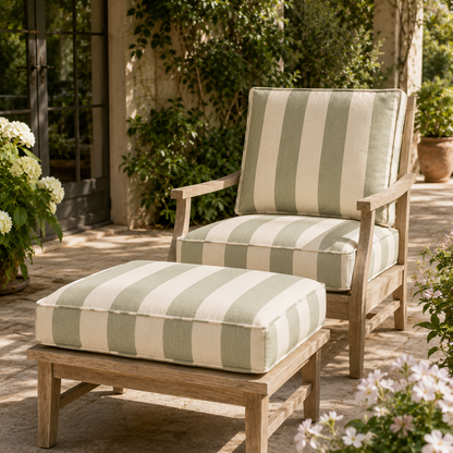 Outdoor garden cushion set on patio lounge chair with sage stripe design - image 3