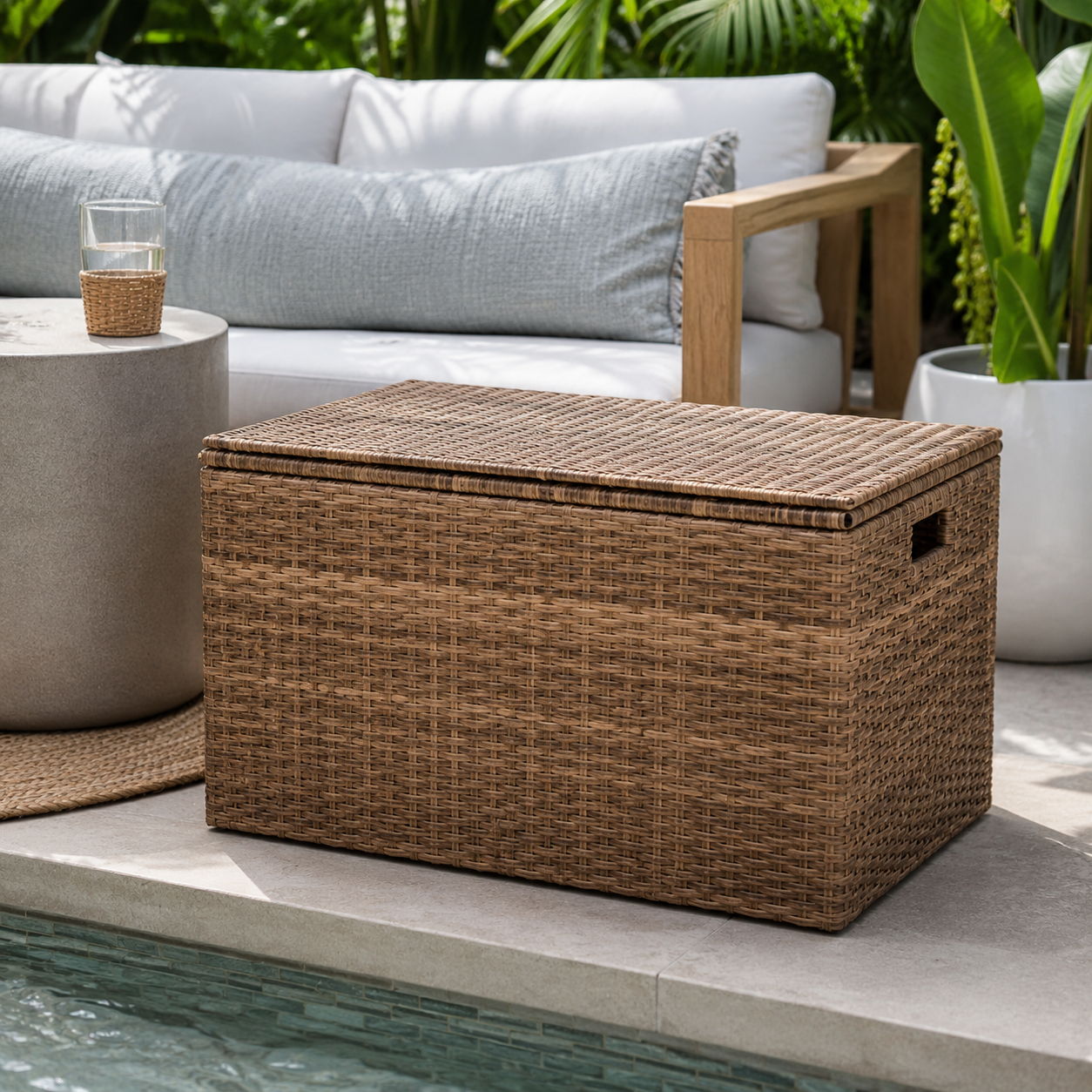 Outdoor rattan storage basket with woven texture on patio or poolside lounge - image 1