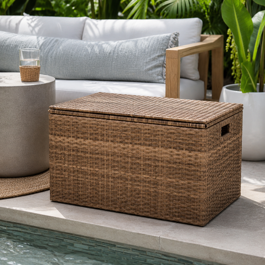 Outdoor rattan storage basket with woven texture on patio or poolside lounge - image 1