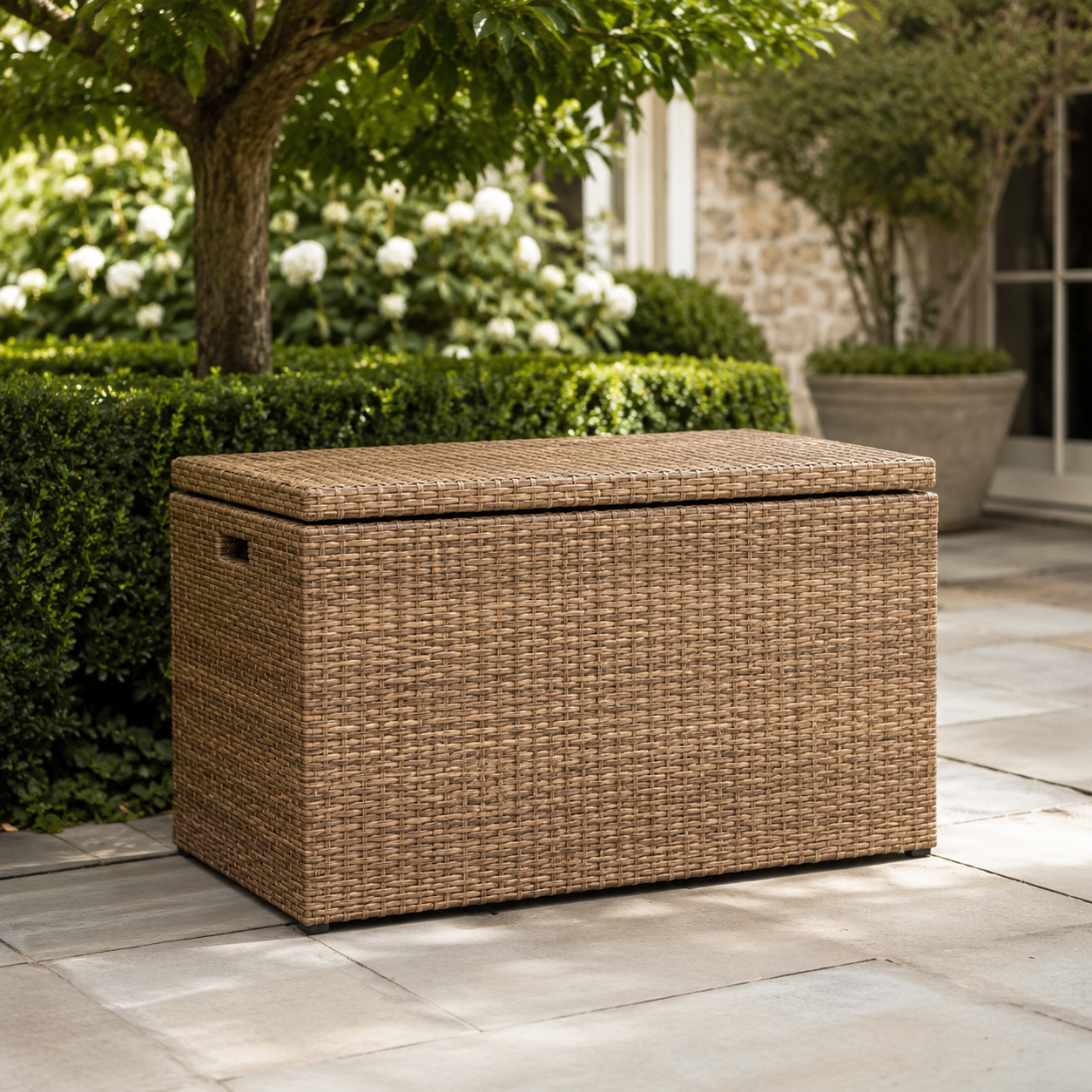 Outdoor rattan storage basket with woven texture on patio or poolside lounge - image 3