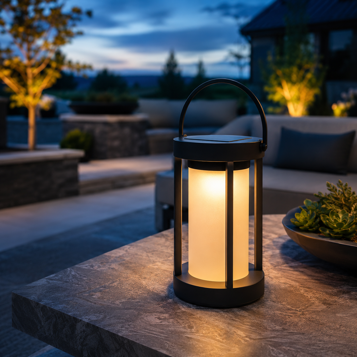 Portable black solar patio lantern glowing on outdoor terrace at night - image 1