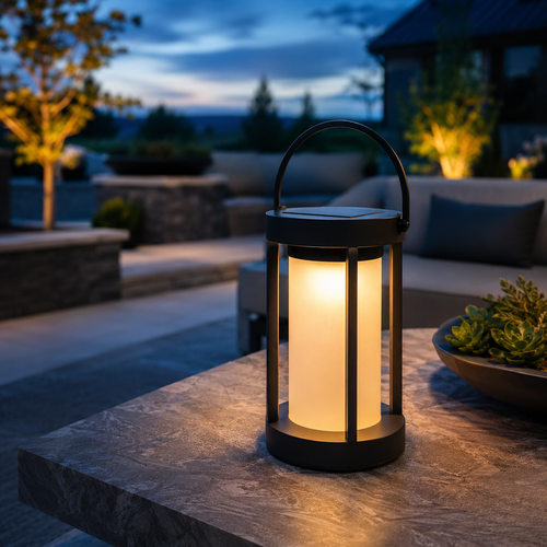 Portable black solar patio lantern glowing on outdoor terrace at night - image 1