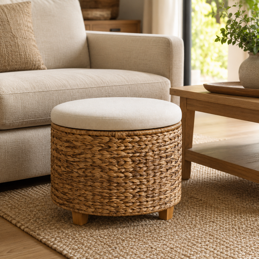 Round woven storage ottoman with cream cushion lid in cozy home interior - image 1