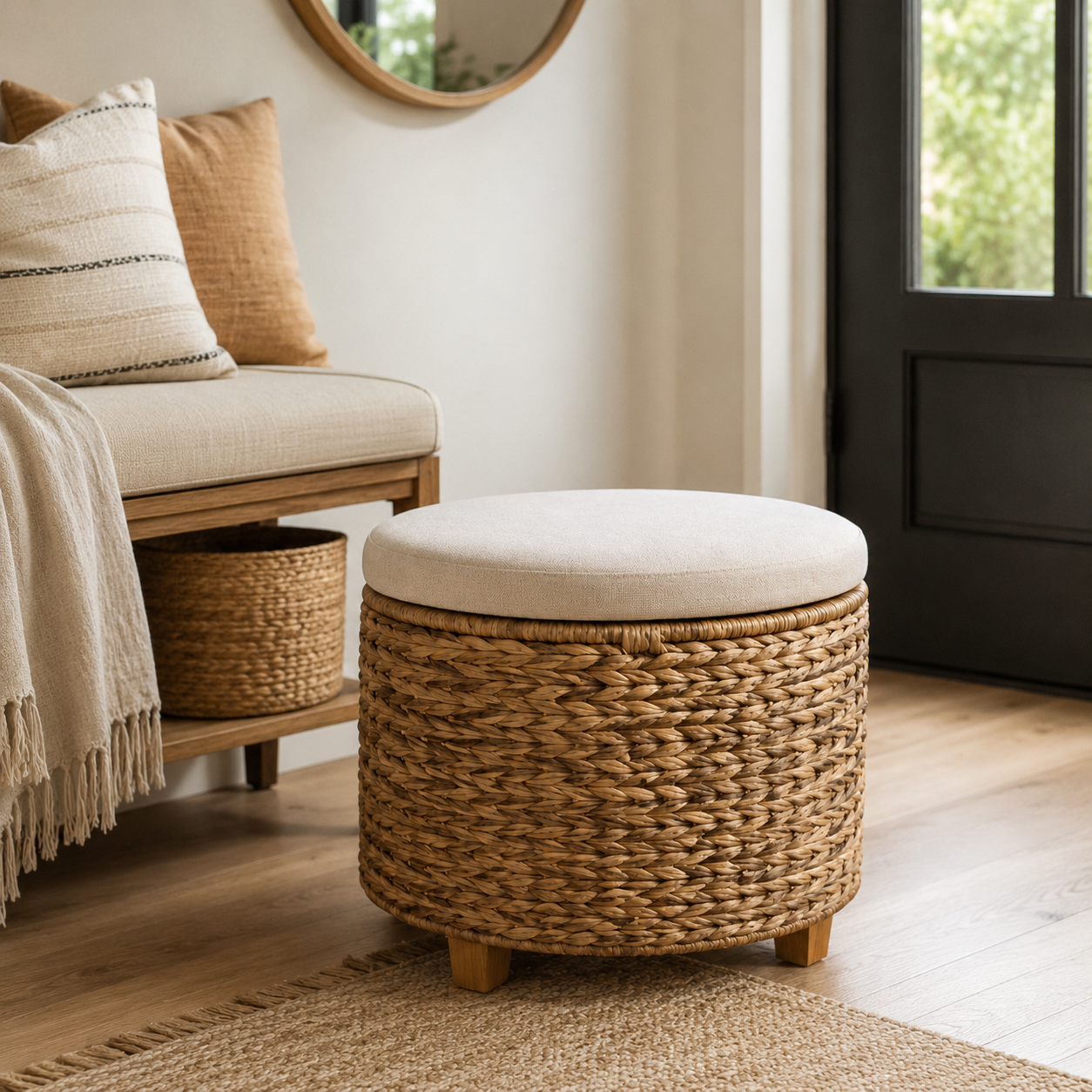Round woven storage ottoman with cream cushion lid in cozy home interior - image 2