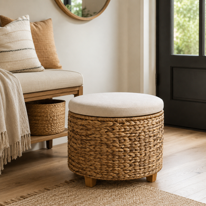 Round woven storage ottoman with cream cushion lid in cozy home interior - image 2