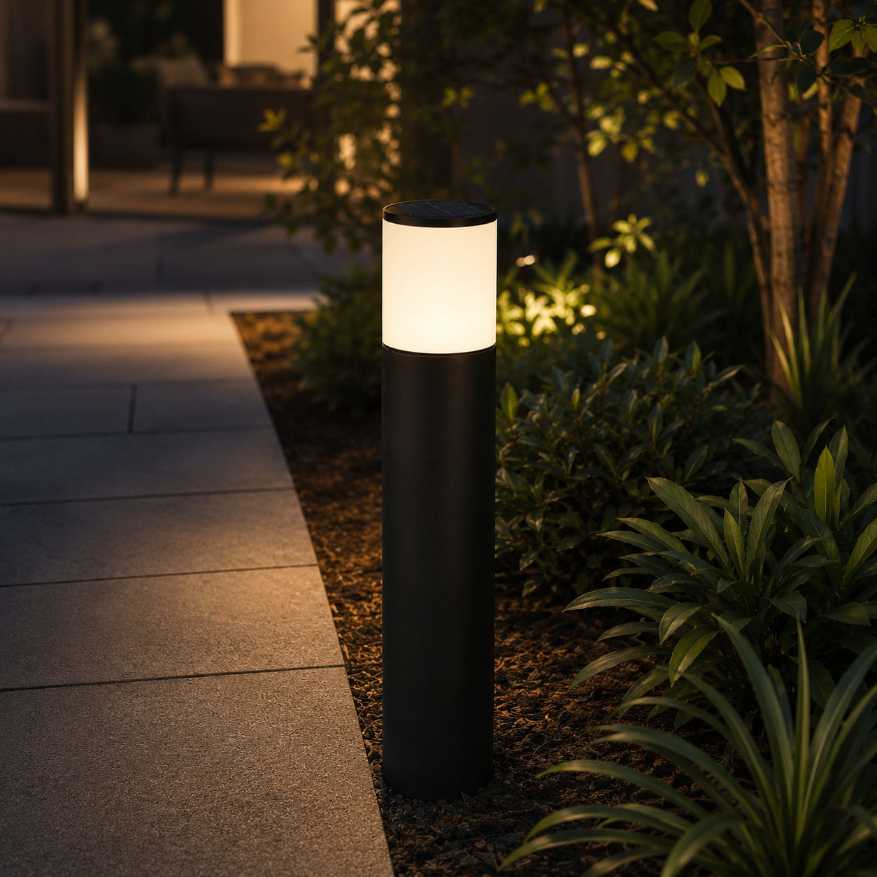 Matte black solar bollard path light glowing beside garden walkway at night - image 3