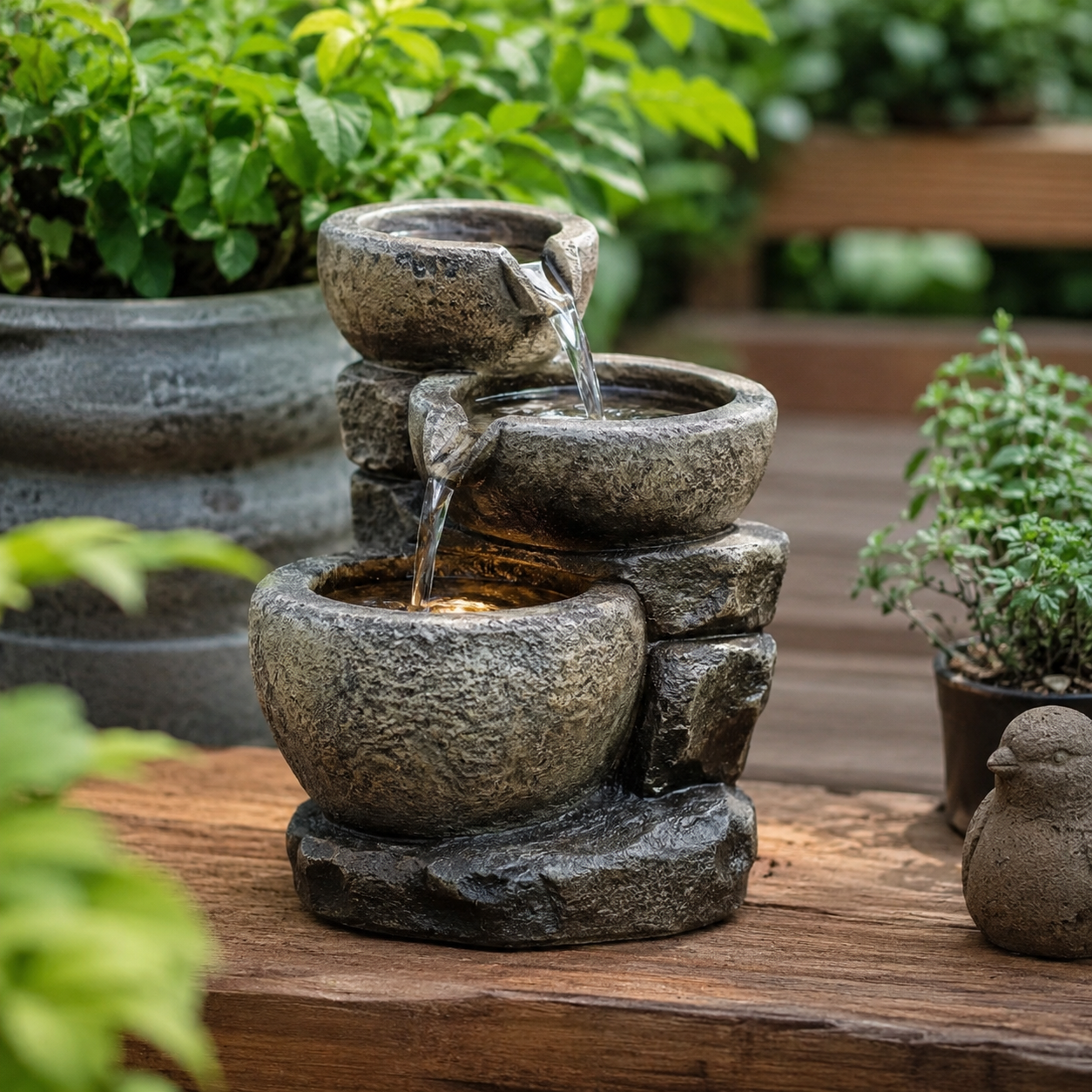 Stone garden tabletop fountain with flowing water on outdoor patio table - image 1