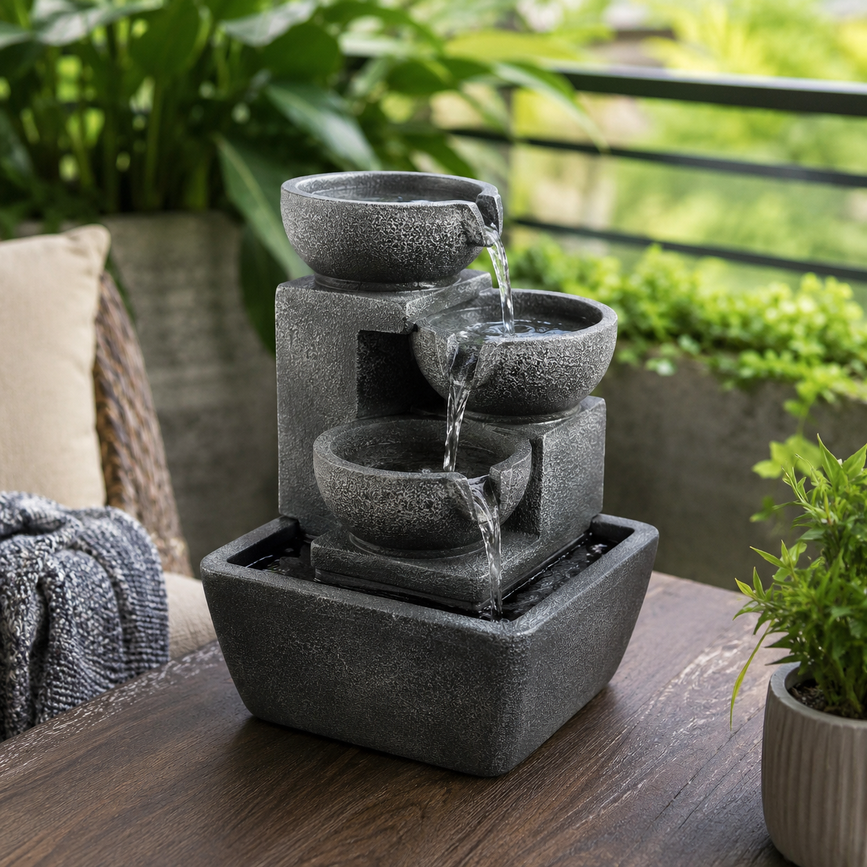 Stone garden tabletop fountain with flowing water on outdoor patio table - image 2
