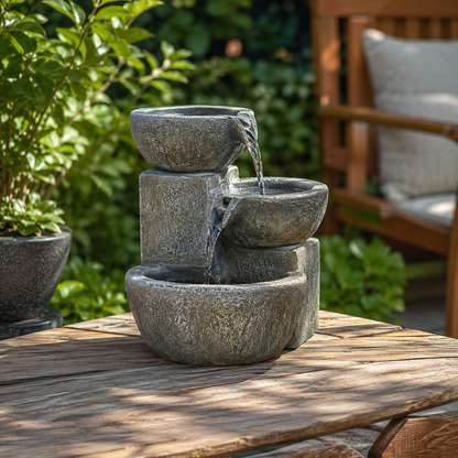 Stone garden tabletop fountain with flowing water on outdoor patio table - image 3