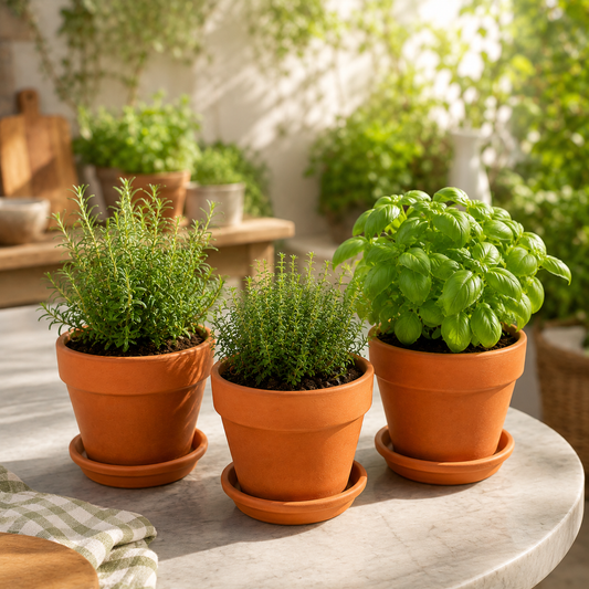 Terracotta herb planter set with green herbs on sunny patio garden table - image 1