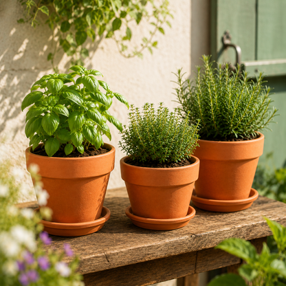 Terracotta herb planter set with green herbs on sunny patio garden table - image 2