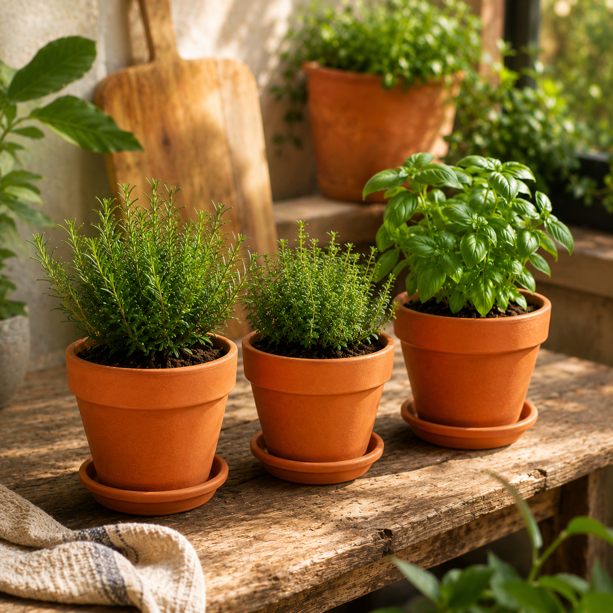 Terracotta herb planter set with green herbs on sunny patio garden table - image 3